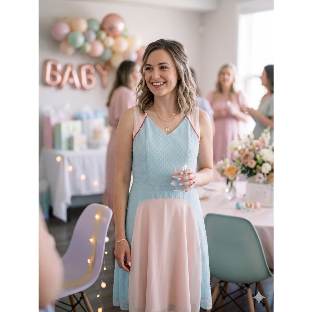 Gianni Bini Color Block Sz 6 Aqua Blue Blush Pink Swiss Dot Overlay Ethereal